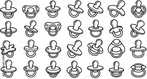 Black and White Line Art Icons of Various Baby Pacifiers, Soothers, and Nipples