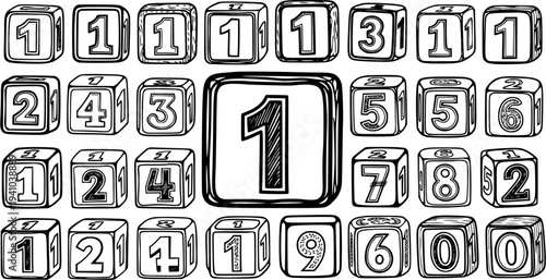 Education and Math Black  White Hand-Drawn Line Art Collection of Numbered Cubes, Blocks, and Dice for Learning, Counting, and Game Concepts.
