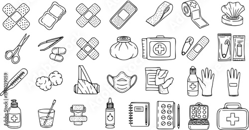 Black and White Line Art Medical Supplies Icons - First Aid Kit, Bandages, Pills, Gloves