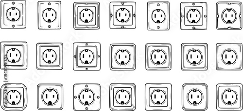 Electricity  Home Improvement Hand-Drawn Black and White Line Art of North American Electrical Outlets, Power Sockets, and Receptacles