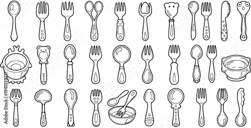Hand-Drawn Black and White Line Art Baby Feeding Utensils Set with Spoons, Forks, and Bowls Perfect for Kids Food and Nursery Designs