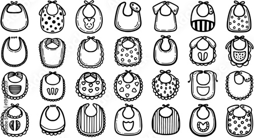 Cute Baby Bibs Vector Illustrations - Black and White Line Art for Children's Clothing and Newborns