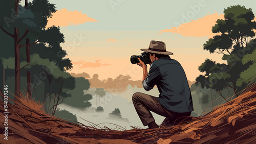 Photographer capturing serene landscape scene from cliff edge viewpoint at sunrise with camera and tripod.