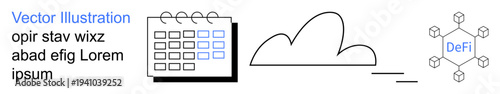 Decentralized finance, blockchain technology, cloud services, connectivity, data synchronization, schedule management. Visual includes a cloud, a calendar and a blockchain network. Decentralized