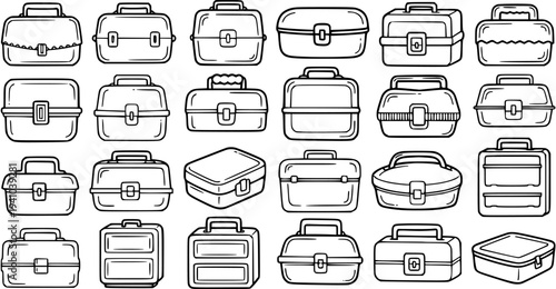 Black and White Line Art of Various Lunch Boxes, Tiffins, and Food Containers