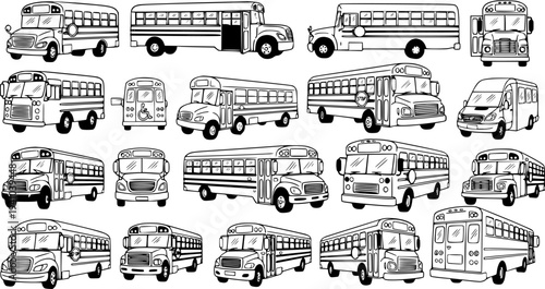 Hand-Drawn Black and White Bus Collection. Outline Vector Set of School Buses, Public Transport, and Passenger Vehicles for Education and Travel Industry.
