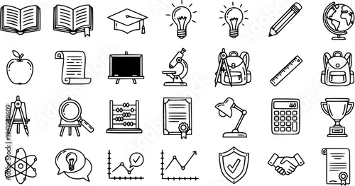 Education Icons - Black and White Line Art for School and Learning