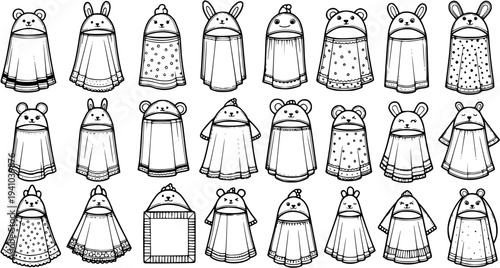 Black and white line art set of cute ghost costumes for kids, various animal designs like bear and bunny