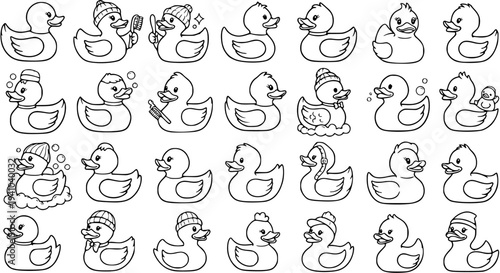 Black and White Line Art Rubber Ducks Collection, Cute Bathroom Toys, Vector Icons