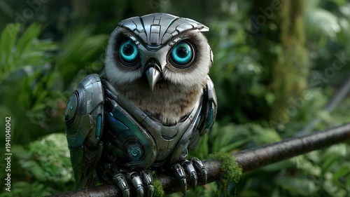 Cyborg owl perched on branch in lush green forest with glowing blue eyes