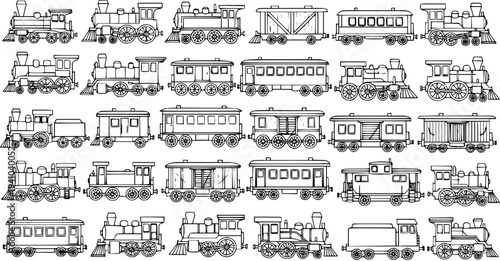 Black and White Line Art Illustration of Various Vintage Trains, Locomotives, and Carriages