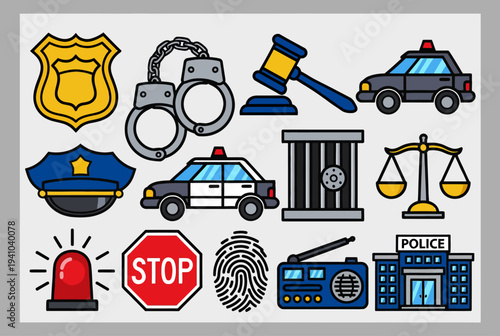 Collection of law enforcement symbols and objects including badge, handcuffs, and police car, presented in a flat design style