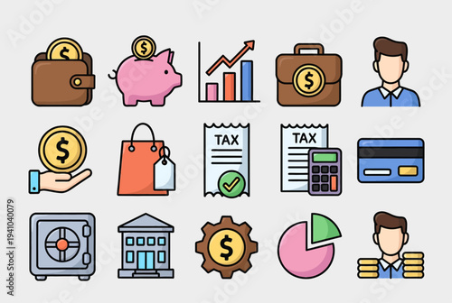 Collection of financial icons depicting money management and transactions in a modern digital format from a straightforward viewpoint