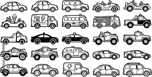 Automotive Transportation Vehicles Black and White Line Art Doodle Icon Set. Hand Drawn Collection of Cars, Trucks, Buses, and Vans.