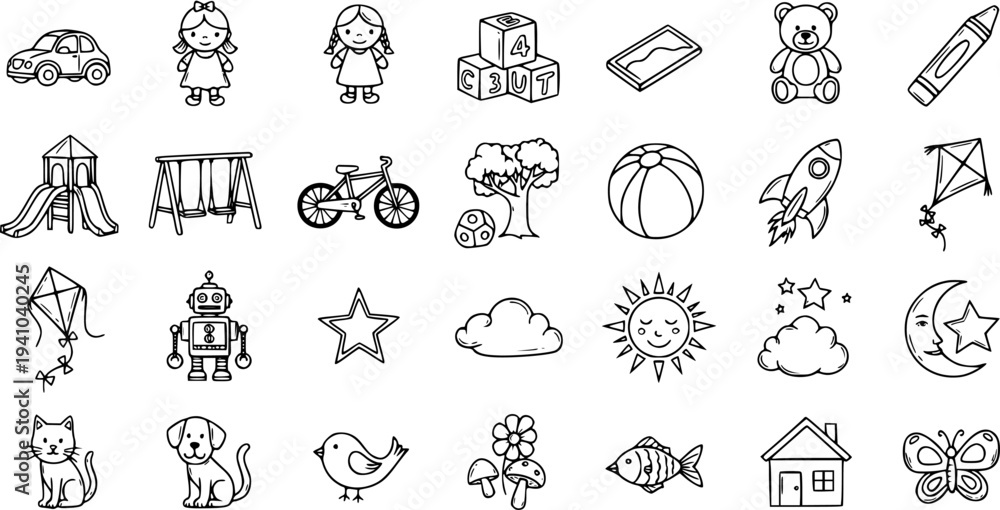Fototapeta premium Childhood Play and Nature Doodle Icons Set - Hand Drawn Black and White Line Art Illustrations for Kids, Education, and Fun