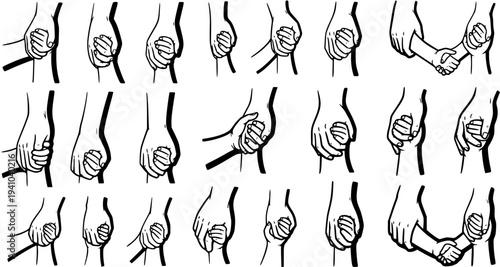 Black and White Line Art Illustrations of Different Handshake Grips, Symbolizing Connection and Agreement