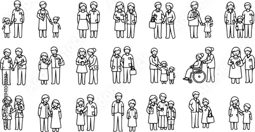 Black and White Line Art Icons of Medical Professionals and Patients, Healthcare Family Group