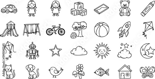 Childhood Play and Nature Doodle Icons Set - Hand Drawn Black and White Line Art Illustrations for Kids, Education, and Fun