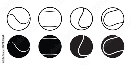 A vector icon set of tennis and padel balls, showcasing both filled and outline styles for sports design. Tennis balls collection. Flat minimal sport elements for tennis branding, stickers, patterns