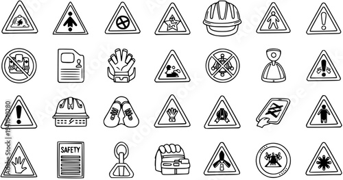 Black and White Line Art Safety Warning Signs and Symbols for Construction and Industrial Use