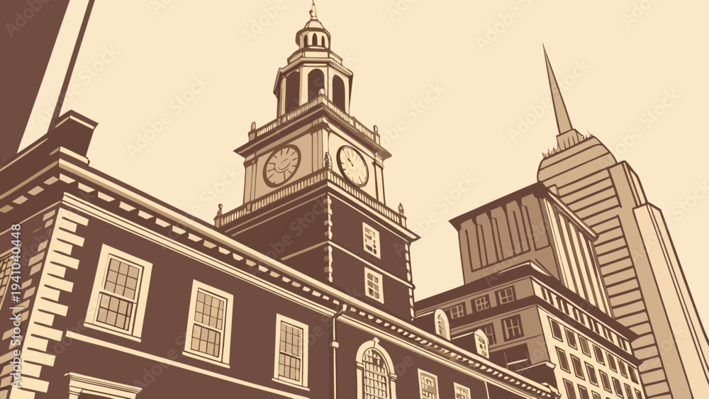 Fototapeta premium Historic Colonial Building Clock Tower juxtaposed with modern tall skyscraper architecture low angle view philadelphia skyline vector
