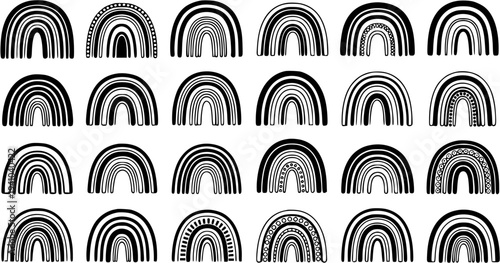 Black and White Line Art Rainbows Collection: Hand-Drawn Abstract Bohemian Arch Design Elements and Doodle Patterns
