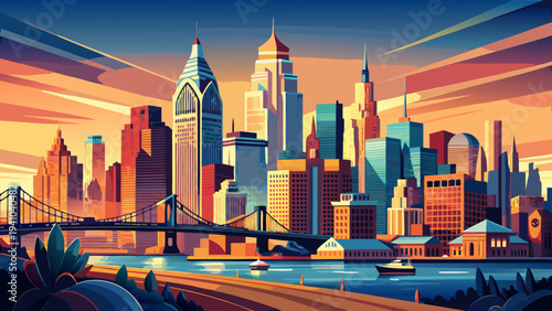 Vibrant Cityscape Panorama at Sunset with Bridge Crossing Waterway and Modern Architecture Silhouettes philadelphia skyline vector