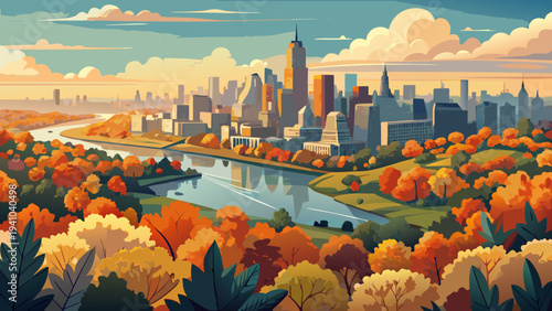 Metropolis Skyline View Over Winding River Surrounded by Vibrant Autumn Foliage Landscape Scenery philadelphia skyline vector