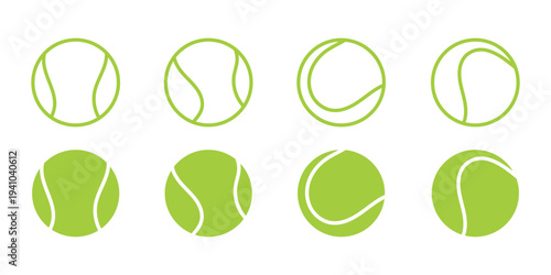 Green tennis ball icon vector illustration. Set of tennis balls with different seam patterns. Bright green sport equipment collection for tennis game design. Simple tennis ball. sports symbols for app