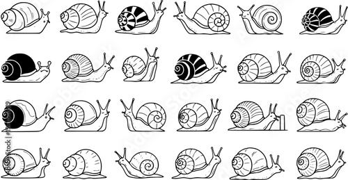 Hand-Drawn Black and White Line Art Collection of Snails, Diverse Animal Illustrations in Various Poses and Shell Designs