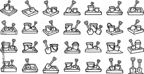 Kids Sandbox Toys Black and White Line Art Vector Set. Outline Doodles of Sand Buckets and Shovels for Children's Summer Beach Play Activities.