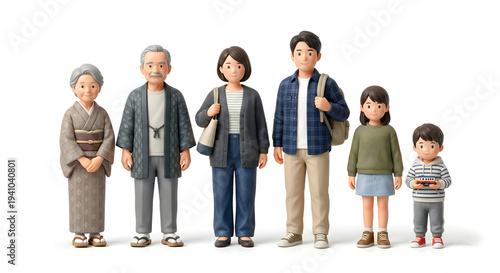 日本の三世代家族 祖父母と親子 和装と現代服