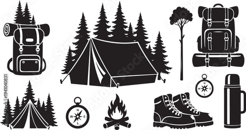 Camping gear and equipment for outdoor adventure travel and hiking excursions