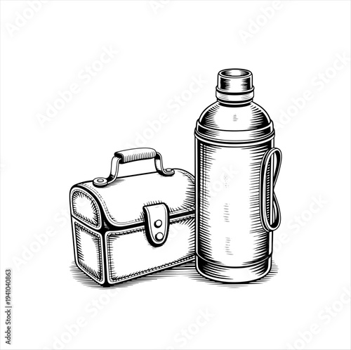 Black-and-white sketch of a classic lunchbox with latch and handle, paired with a cylindrical thermos. Nostalgic illustration evoking school days, outdoor picnics, and traditional packed lunches