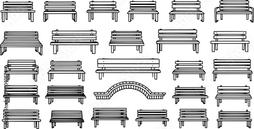 Outdoor Park Benches Vector Line Art Set - Collection of Urban and Garden Seating Furniture Outline Icons