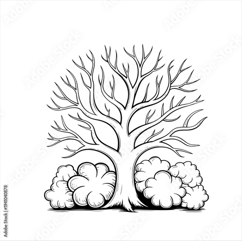 black-and-white line drawing of a leafless tree with textured bark and bushy shrubs at its base. Artistic illustration suitable for nature themes, coloring pages, or educational design