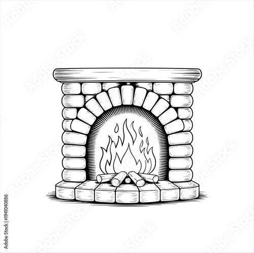 Black-and-white illustration of a traditional stone fireplace with logs and stylized flames. Cozy interior design element symbolizing warmth, comfort, and rustic home living