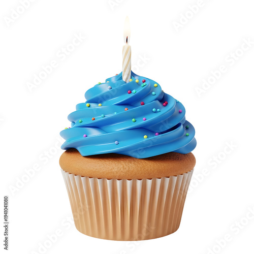 3D Birthday Cupcake with Candle isolated on white background