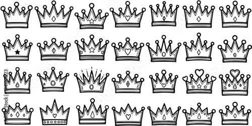 Black and White Line Art Doodle Crown Collection. Hand-Drawn Royalty and Celebration Icons Set in Sketch Style for Design Projects.