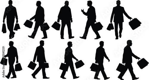 Men shopping silhouettes collection, male shoppers walking carrying shopping bags retail consumer lifestyle isolated on white background