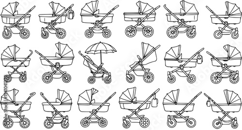 Baby Strollers and Prams Black and White Line Art Set. Hand-Drawn Collection of Various Infant Pushchairs and Buggies for Parenting and Childcare Concepts.