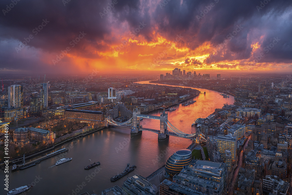 Obraz premium Sunset over city skyline with river winding through, featuring historic suspension bridge and modern buildings under dramatic clouds, creating vibrant and intense atmosphere