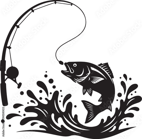 Fish Jumping Out of Water on Fishing Hook Vector Illustration