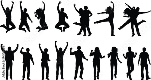 People jumping celebrating silhouettes set, happy men and women dancing cheering success energy lifestyle celebration isolated on white background