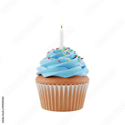 3D Birthday Cupcake with Candle isolated on white background