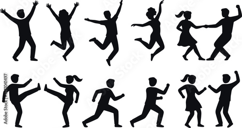 People jumping dancing silhouettes set, men and women celebrating running kicking joyful action poses isolated on white background