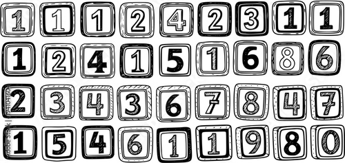Set of Hand-drawn Black and White Doodle Numbers (0-9) in Square Frames. Educational Math Digits for Learning and Design Projects.
