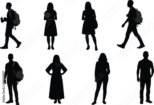 People silhouette collection standing walking and using smartphone isolated on white background modern lifestyle human figure illustration set