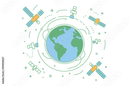 Orbiting Satellite Network, multiple small satellites circling Earth in synchronized orbital paths, advanced space communication system, global data connectivity infrastructure, modern aerospace techn