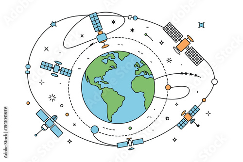 Orbiting Satellite Network, multiple small satellites circling Earth in synchronized orbital paths, advanced space communication system, global data connectivity infrastructure, modern aerospace techn